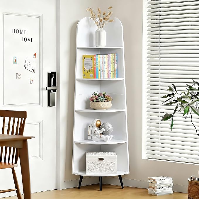 VECELO 5-Tier Curved Corner Shelf, 66.93" Tall Freestanding Corner Bookshelf, Wood Grain Narrow Corner Storage Display Rack with Wooden Legs for Living Room Bedroom Small Space, White
