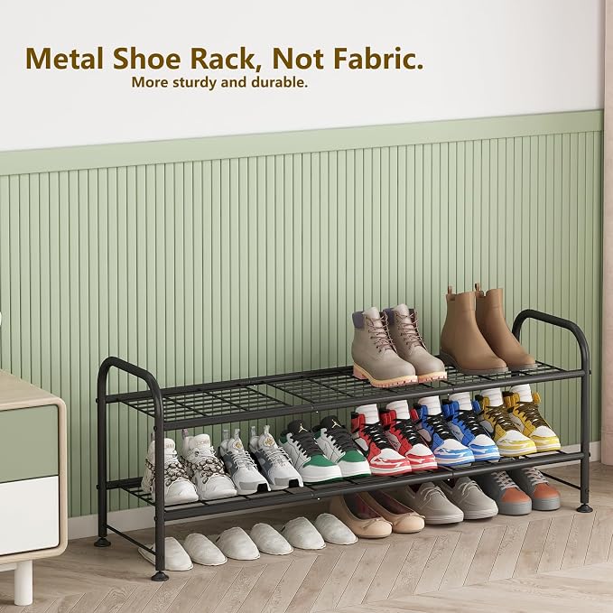 LINZINAR 2 Tier Long Shoe Rack for Closet Metal Shoe Organizer for Entryway | Spacious design stores 15+ pairs of shoes,durable metal frame,space-saving organizer for closet, hallway, and Entryway Black