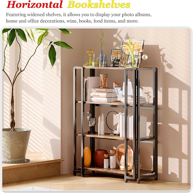 UDD 4 Tier Wide Folding Bookshelf No Tools Assembly, 34.5" H x 30.9" W, Foldable Book Shelf Vintage Collapsible Bookcase, Industrial Storage Shelves for Bedroom Office Living Room, Rustic Brown Black