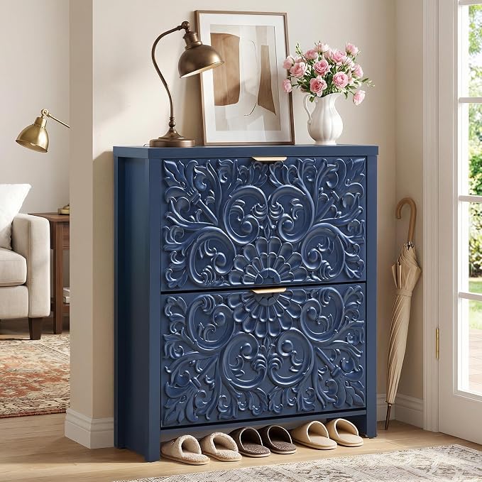 weselon Flip Drawer Shoe Cabinet Set of 2, Narrow Shoe Storage Cabinet, 2-Tier Hidden Shoe Organizer with Carved Floral for Entryway, Slim Shoes Storage for Hallway Foyer (2, Midnight Blue)