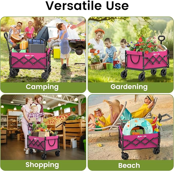 Collapsible Wagon with Wheels, 220 lbs Wagons Carts Foldable Wagon Cart with Flexible Handle, Lightweight Portable Folding Utility Grocery Shopping Cart for Grocery Sports Garden Camping, Pink