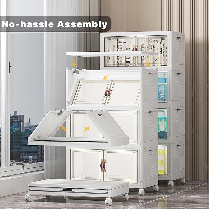 UAMFURI Stackable Storage Bins with Lids, Extra Large Plastic Organizer Cabinet Drawers, 384QT Collapsible Closet Containers with Doors and Wheels,For Bedroom, Kitchen, Office, Garage,(8Pack Cube)