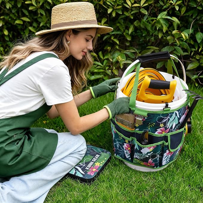 KUNN 5 Gal Garden Bucket Tool Organizer & Kneeling Pad Set, Garden Caddy | 18-Pocket Heavy Duty Garden Caddy, Hangable Handle, Polyester Tool Bag with Grip Handle, Gardening Kneeling Pad for Women