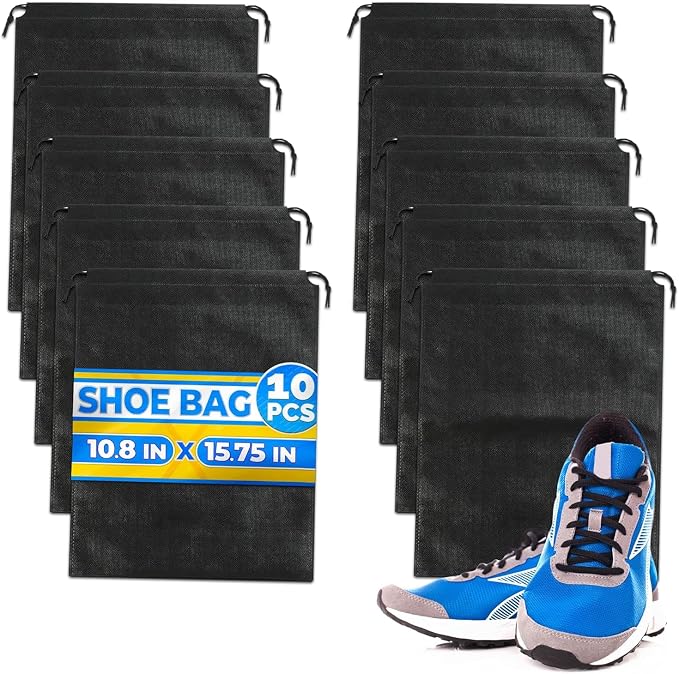 Shoe Bags for Travel, 10 Pack, 11.8"x15.75", Drawstring, Solid (Black) | Travel Shoe Backpack Set; Waterproof, Lightweight Fabric; for Luggage, Clothes, Gym, and Closet Organizing
