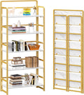 4NM No Assembly 5 Tiers Folding Bookshelf Storage Shelves Vintage Bookcase Standing Racks Study Organizer Home Office (White Gold)