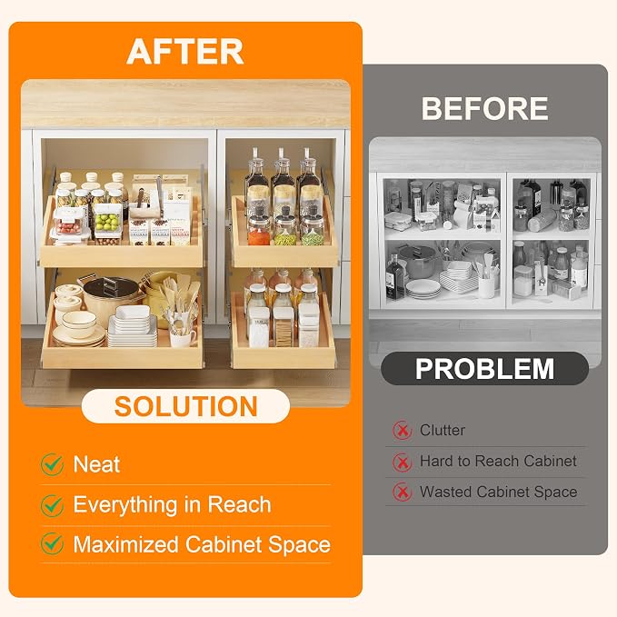 Pull Out Cabinet Organizer, 11" W x 21" D | Soft Close Pull Out Drawers for Cabinets with Heavy Duty Slides, Wood Slide Out Drawers for Kitchen Cabinets