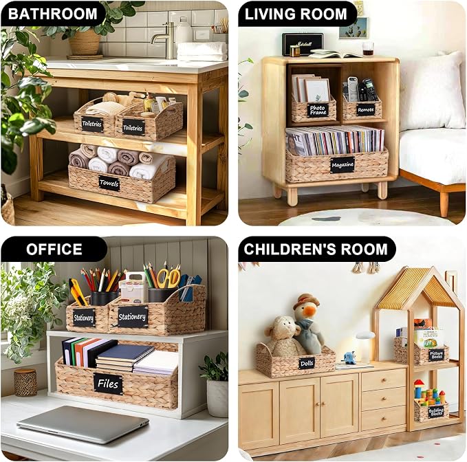 Hand-Woven Pantry Baskets for Organizing, Large Wicker Storage Baskets for Shelves with Labels, 2 Chalk Markers & Handles, 3 Pack Hyacinth Storage Bins for Pantry Kitchen Laundry Shelf