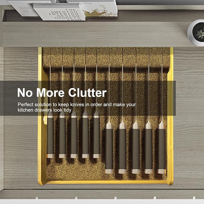 Knife Drawer Organizer Bamboo Insert Dock, 15"L x 12"W x 2.5"H Kitchen Steak Knives Holder Organizers Block for Drawer in Storage Organization (15 X 12 ”)