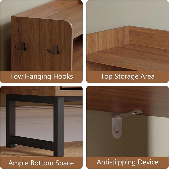 Shoe Cabinet with 2 Flip Drawers, Freestanding Hidden Shoe Storage Organizer for Entryway, Narrow Slim Shoe Rack Cabinet with Open Storage & Hooks for Front Door Entrance, Living Room, Hallway, Walnut