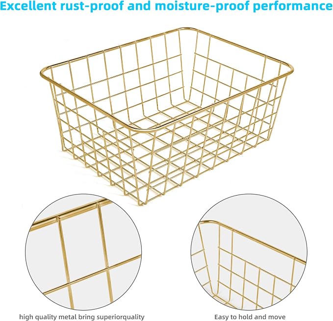 Wire Baskets for Storage Pantry, 4 Pack, 11 x 8.7 x 4.7 in, Golden Metal | Wire Baskets for Kitchen Refrigerator Freezer Cabinet Shelf Garage, Metal Bin with Side Handles for Easy Pull (Golden)
