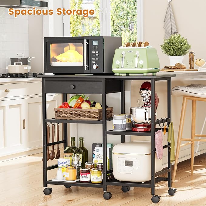 Microwave Cart, Microwave Stand with Wheels & Adjustable Shelf | Coffee Bar Table Station, 6-Tier Rolling Storage Cart Organizer Shelf for Living Room, Kitchen Island, Office, Black