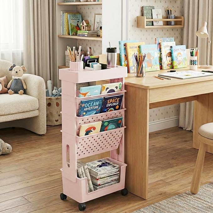 5-Tier Rolling Bookshelf Magazine Rack with Wheels Light Pink | Mobile Bookcase, Book Storage File Folder Organizer Cart for Home Study Office Living Room Classroom