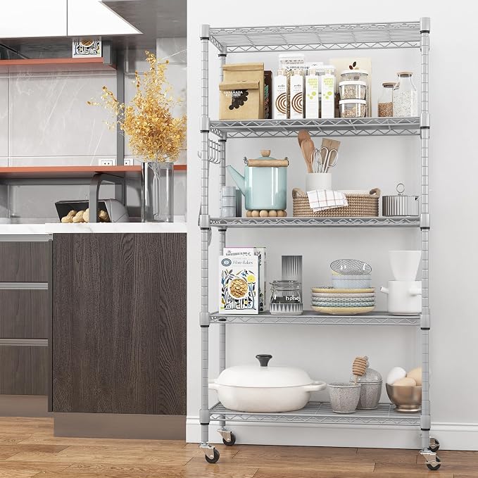 Himimi 5-Tier Storage Shelf Wire Shelving Unit on Wheels, Adjustable Heavy Duty Metal Shelves with Side Hooks, Steel Rack Organization for Kitchen Garage Basement, Silver