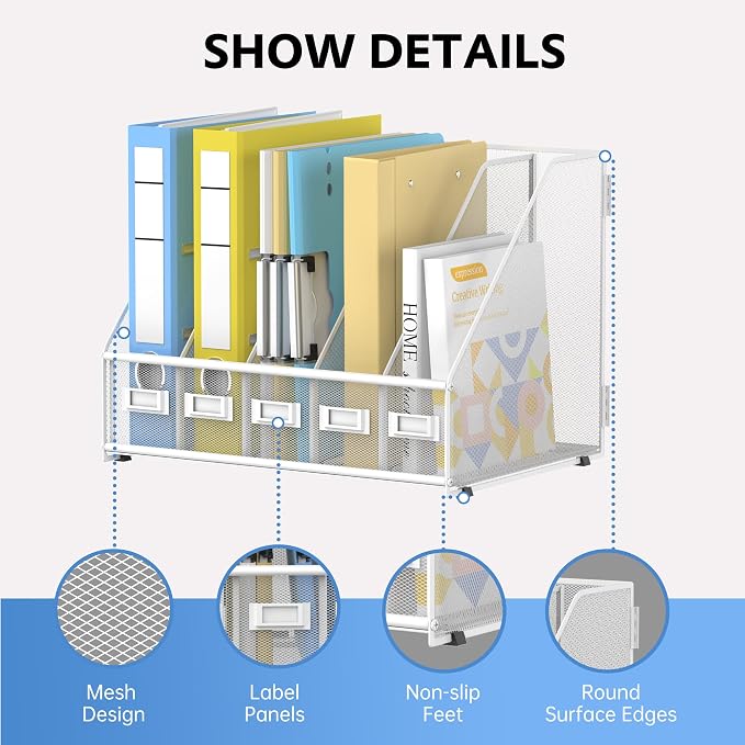 5 Vertical Compartments Magazine File Holder, Metal Binder Organizer, White | Space-Saving Desktop Storage, Built-In Label Holders, Anti-Slip Feet, Sized for Binders, Folders, Magazines and Files