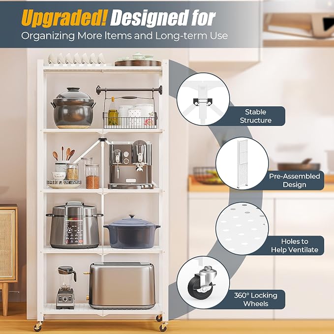 Fenbeli 5 Tier Storage Shelf with Wheels - Metal Collapsible Shelving Unit Display, Heavy Duty Folding Shelves, No Assembly Organizer Rack for Garage Kitchen, Basement, Pantry (White, 5 Tier)