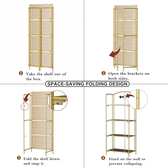 Crofy 4-Tier Foldable Bookshelf, Gold Frame & Walnut Shelves | No-Assembly Collapsible Portable Storage Organizer; Sturdy Walnut Finish Shelves; Ideal for Living Room & Home Office