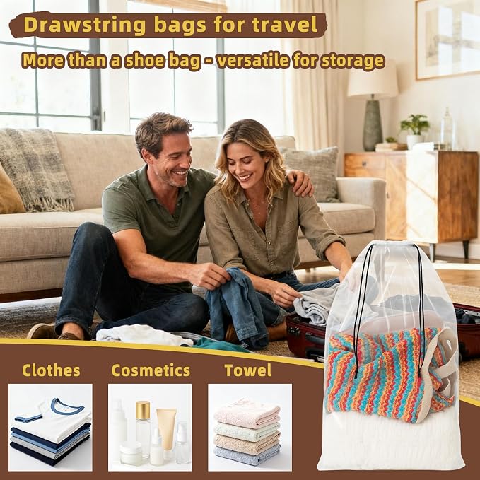 50 Pack Clear Shoe Bags for Travel, 12"x18" Large Travel Shoe Bags for Storage and Packing, Waterproof Drawstring Shoe Bag for Traveling, Bulk Travel Essentials for Men and Women