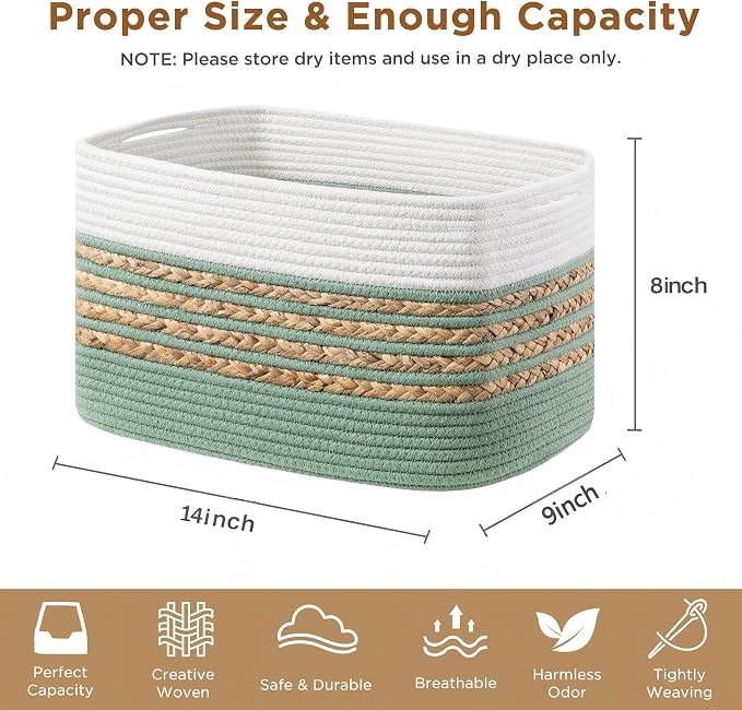 UBBCARE 2 Pack Baskets for Organizing, Woven Storage Baskets for Toys and Towel, Rectangle Cotton Rope Basket with Handles, 14''L x 8''W x9''H, Green