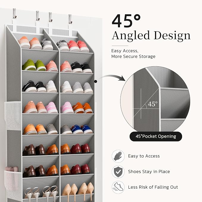Criusia Over the Door Shoe Organizer, 20-30 Pairs Heavy-Duty Hanging Shoe Storage with Large Pockets, 10-Tier Door Shoe Rack with 4 Hooks for Sneakers Sandals Heels Boots (Gray)