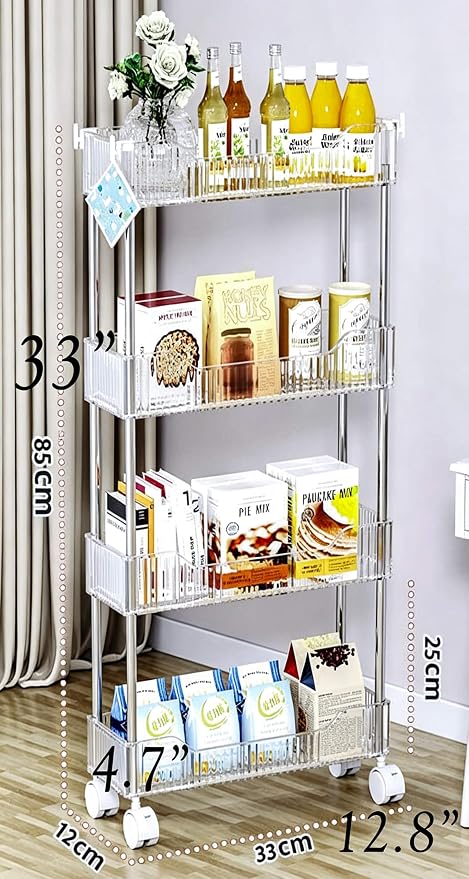 4-Tier Plastic Rolling Utility Cart with Wheels, Multifunctional Storage Organizer Cart for Home, Office, Kitchen & Bathroom, Ultra Narrow & Clear, 4.7”W * 12.8”L * 33”H
