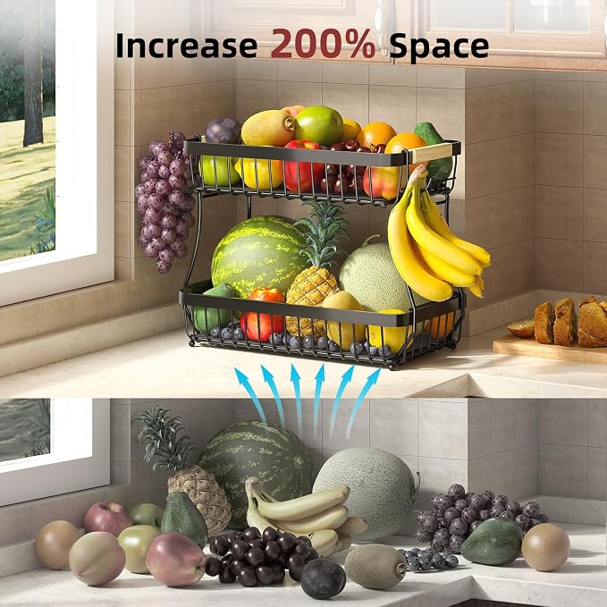 Sevenblue 3-Tier Fruit Basket with Banana Hangers, Detachable Metal Bowl | Wooden handle, protective mats included. Versatile holder for bread, snacks, and veggies. Large 3 tier metal design.