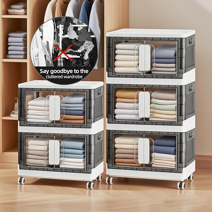 Folding Storage Organizer with Silent casters | Stackable Design for Home & Office, Heavy-Duty Plastic Storage Bin with Clear Door, 3 Sizes (19.5/23.5/27.5in),Black/White (19.7" 3 layer, White)