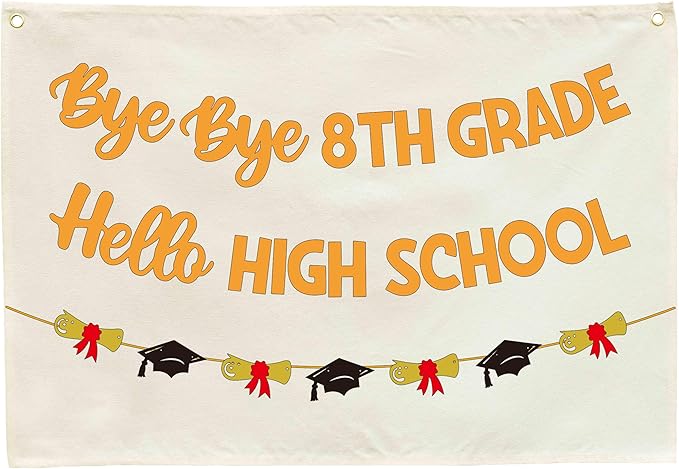 Graduation Banner Party Decor-Rectangular Canvas Banner Pennant Poster Wall Sign-Garland for Congratulation Graduation Party Supplies Classroom Front Door Home Decorations-Bye Bye 8th Grade