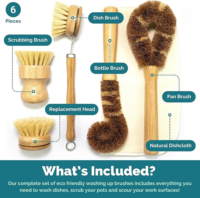 Jungle Culture® 6 Pack Bamboo Dish Brush Set for Washing Up • Natural Wooden Dish Brushes for Pans & Dishes • Eco Friendly Dish Scrubber for Bottles, Pots & Vegetables • Non Toxic & Plastic Free