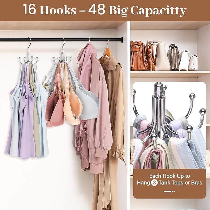 2 Packs Bra Hanger for Closet, Stackable Tank Top Organizer 16 Hooks for Closet Organization and Storage, Stainless Steel Space Saving Clothes Hook Hanger for Belt, Tank Top, Bra, Tie, Scarves