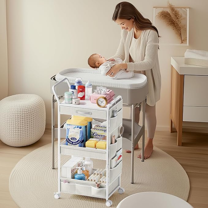 BBLIKE 3-Tier Diaper Caddy Organizer - Rolling Utility Baby Cart with Drawer and Side Pockets for Nursery and Baby Essentials, Multi-Function Cart for Bedroom and Bathroom, White