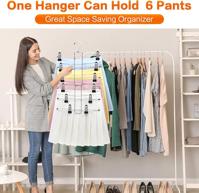 4 Pack Pants-Hangers-Space-Saving,6 Tier-Closet-Organizers-and-Storage Skirt Hooks with Clips,Closet-Organizer-Clothes-Organization-and-Storage Jeans Scarf Holder,College-Dorm-Room-Essentials Decor