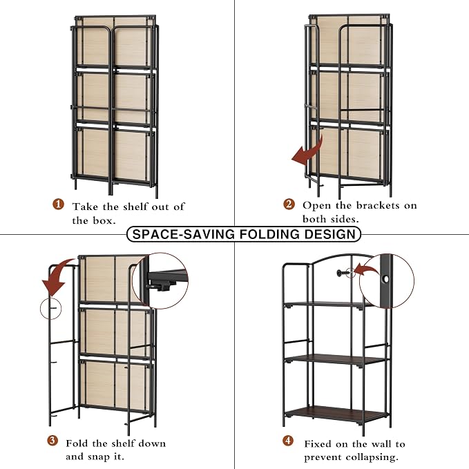 Crofy 3-Tier Foldable Bookshelf, Black Frame & Walnut Shelves | No-Assembly Collapsible Portable Storage Organizer; Sturdy Walnut Finish Shelves; Ideal for Living Room & Home Office