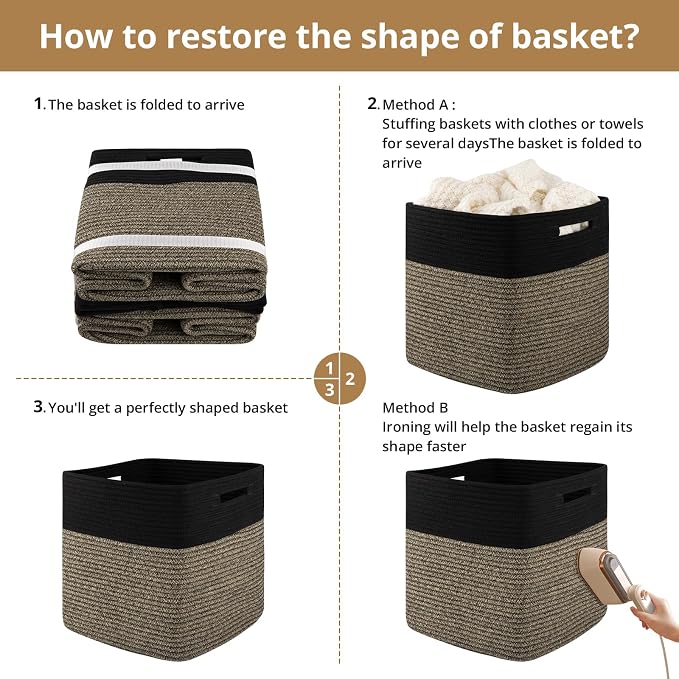 OIAHOMY 13 Inch Cube Storage Bins, 3-Pack Cotton Rope Woven Baskets for Organizing, Insert Storage Baskets for Shelves, Baby Nursery, Closet Organizer, 13 * 13 * 12.6IN, Black & Mixed Brown