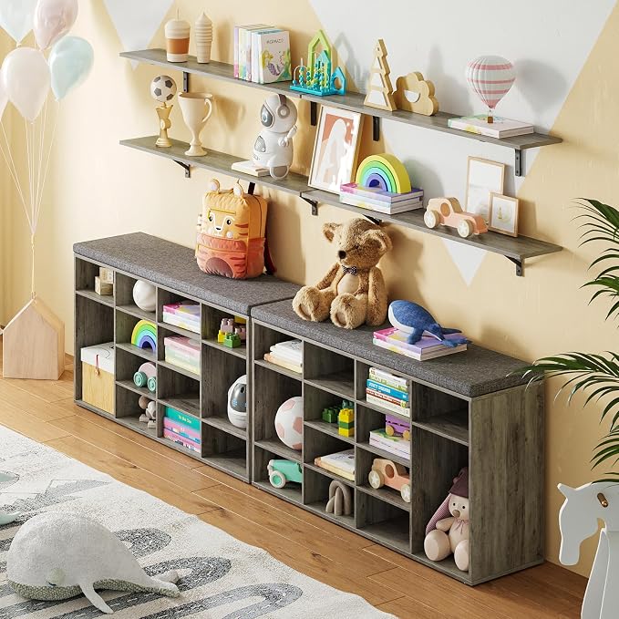DINZI LVJ Shoe Storage Bench with Cushion, 14-Cubby Shoe Rack, Adjustable Shelves, Multifunctional Shoe Organizer Bench for Entryway, Mudroom, Hallway, Living Room, Bedroom and Garage, Gray Wash