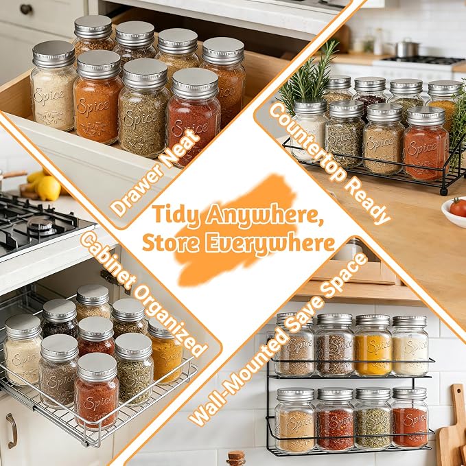 30 Pack 4oz Round Glass Spice Jars with Extra Shaker Lids & Metal Funnel | Airtight Mason Jars for Kitchen Seasoning & Herb Storage, Includes 105 Labels, Metal Funnel, Stirring Stick, Shaker Lids
