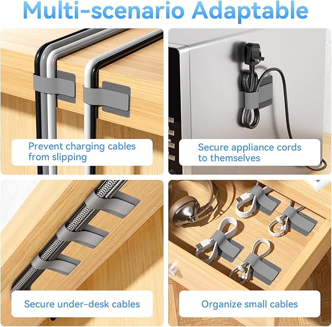100Pcs per Pack，Hook and Loop Cable Ties, Self Adhesive Cable Straps, Reusable Adjustable Cord Organizer for Desk, Under Desk Cable Management, Home & Office Essentials, Grey