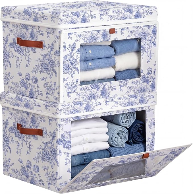 Domensi 2 Pack Blue Floral Large Storage Bins with Lids Handles Blue and White Porcelain Storage Boxes 16.5x11.8x11 Inch Foldable Fabric Basket Decorative Organizer for Clothes Nursery Dorm(Window)