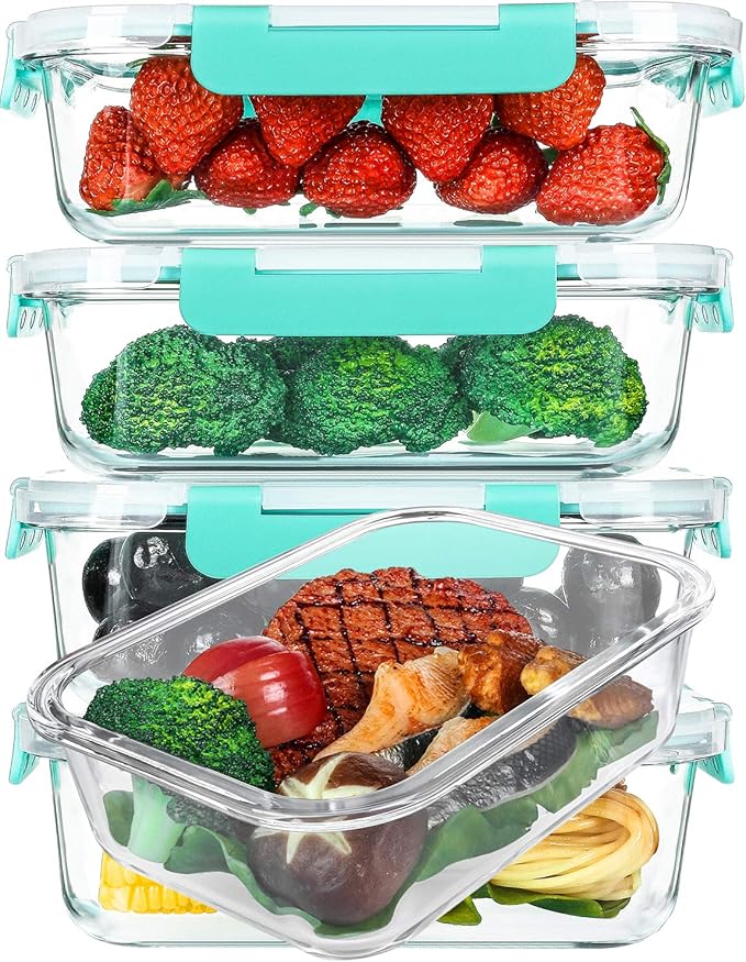 [5-Packs, 36 Oz.] Glass Meal Prep Containers with Locking Lids Glass Food Containers,Airtight Lunch Container,Microwave, Oven, Freezer and Dishwasher (4.5 Cup, Green)