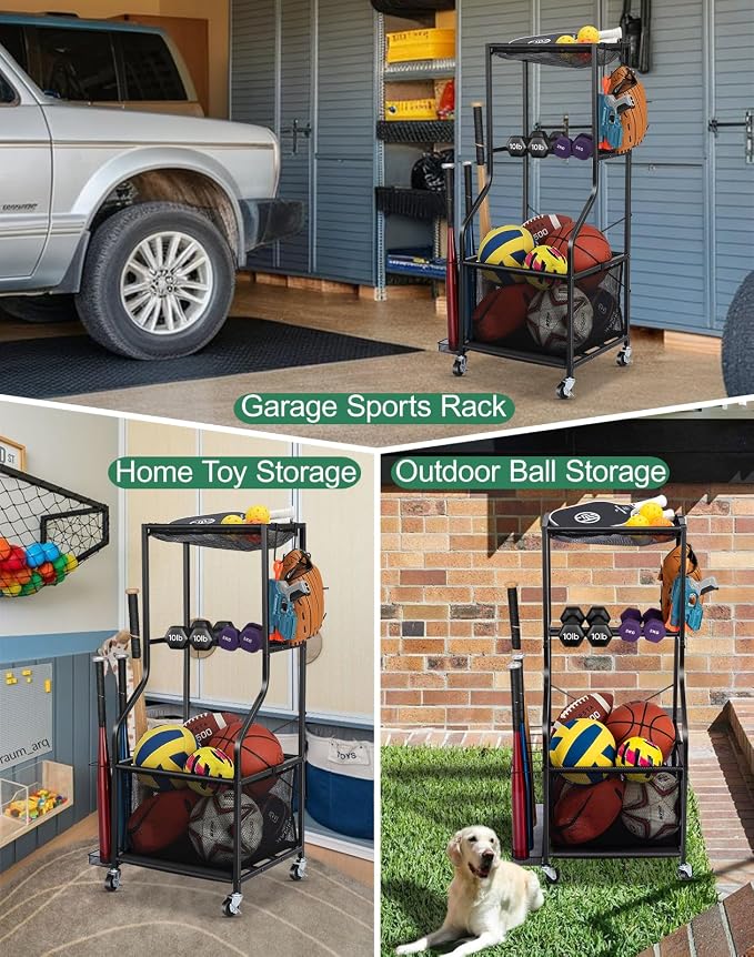 EXTCCT Sports Equipment Garage Organizer - Rolling Ball Storage with wheels, 3-Tier Sports gear Storage Rack Indoor & Outdoor Balls Cart with Hooks for Home, Garage (Black)