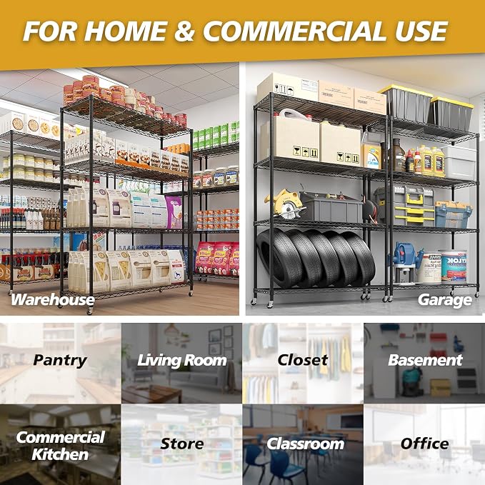 Karl home Black 4-Tier Wire Storage Shelving with 2" Wheels, 800LBS | Heavy Duty 800LBS Capacity Metal Shelving Rack on Rolling Wheels, 64.96"H x 46.06"W x 17.7"D for Garage, Kitchen