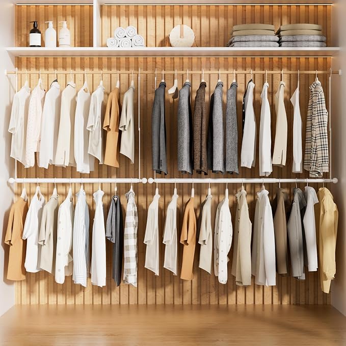SUTINE Closet Rods for Hanging Clothes, Adjustable Metal Closet Extender Hanging Rod, Space-Saving Closet Rod Extender Clothes Hanging Bar, Closet Poles for Hanging Clothes (White, 31.5-47.2 IN)