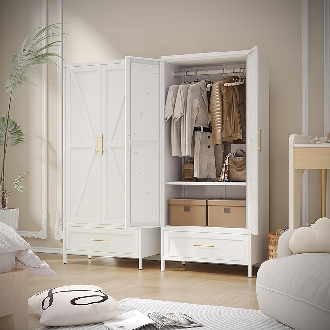 METAN Metal Wardrobe Closet with Doors,Armoire Wardrobe Closet with 1 Drawer for Bedroom,Assembly Required,White