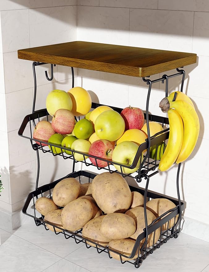 OKZEST 3-Tier Fruit Basket Fits Between Countertop & Upper Cabinet, 16.8" H | Includes wood top & banana hangers, Stackable kitchen countertop organizer, Holds potato, onion, bread, snack, fruit, veggie