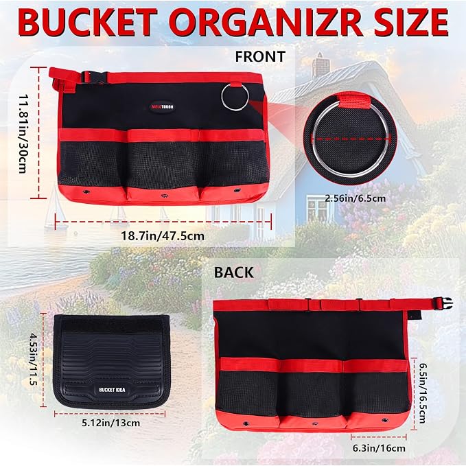 MELOTOUGH Bucket Tool Organizer Car Wash for Garden | Multiple Compartments, Fit 3.5-5 Gal Buckets, Durable Mesh Pockets, Water-Resistant, Easy To Carry, Car Washing