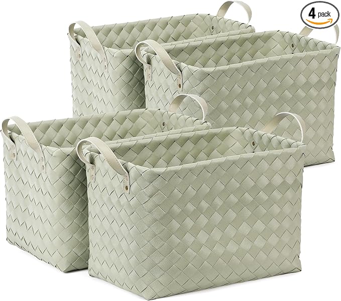 BROWNLILY Handwoven Clothes Basket Laundry Hampers Large Wicker Storage Baskets for Shelves Blankets Closet Storage Bins Car Bedroom Bathroom Organizers and Storage Bath (Pack of 4, Green)