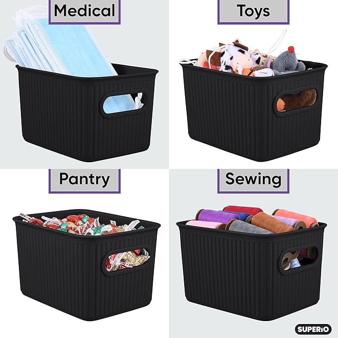 Superio Ribbed Collection - Decorative Plastic Basket Open Home Storage Bins Organizer, Small Brown (2 Pack) Container Boxes for Organizing Closet Storage Bins for Shelves Drawer Shelf 1.5 Liter
