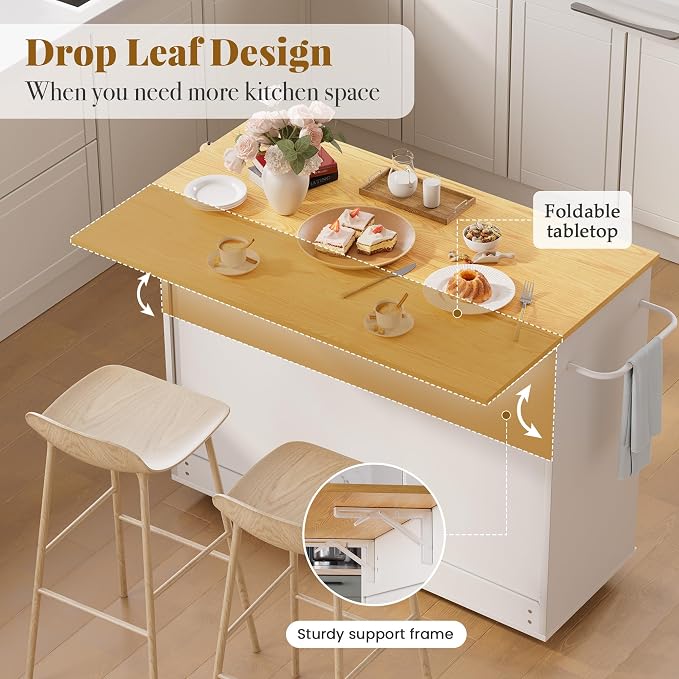 GRUSIGN 49.6" Kitchen Island on Wheels with Storage-Multifunctional Kitchen Island Cart with Drop Leaf, Rolling Island with Spice/Towel Rack,Expandable Island Table Kitchen,White