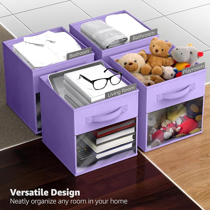 Sorbus 11 Inch Storage Bins with Clear Window - 6 Foldable Baskets for Organizing Clothes, Toys, Books - Sturdy Collapsible Fabric Storage Cubes with Handle - Storage Baskets for Shelves, Closets