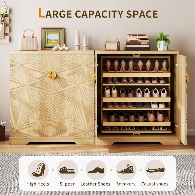 Vlsrka Shoe Storage Cabinet with Doors and 6 Tier Rotating Shelves, Wood | Suitable for 18 Pairs Shoe Organizer, Freestanding, Pull Out Shoe Rack, Wooden Entryway Cabinet for Hallway, Closet, Indoor