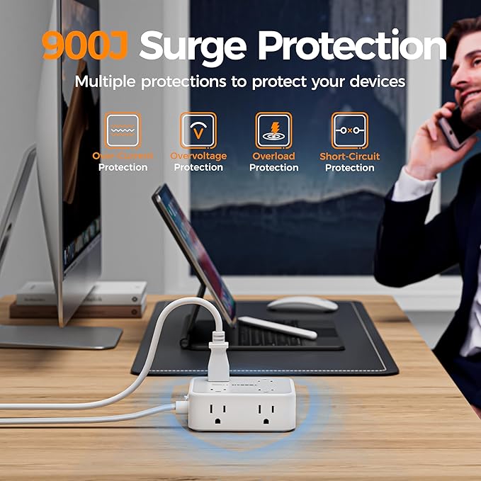 TESSAN Surge Protector Power Strip, 5 Ft Flat Plug Extension Cord with 3 USB (1 USB C) 8 Outlets, 900J Protection, 3 Sided Outlet Extender with Power Switch for Office, Dorm Room, Grey | 8 AC with 3 USB Ports (1 USB C), Flat Plug Extension Cord, 3 Side...